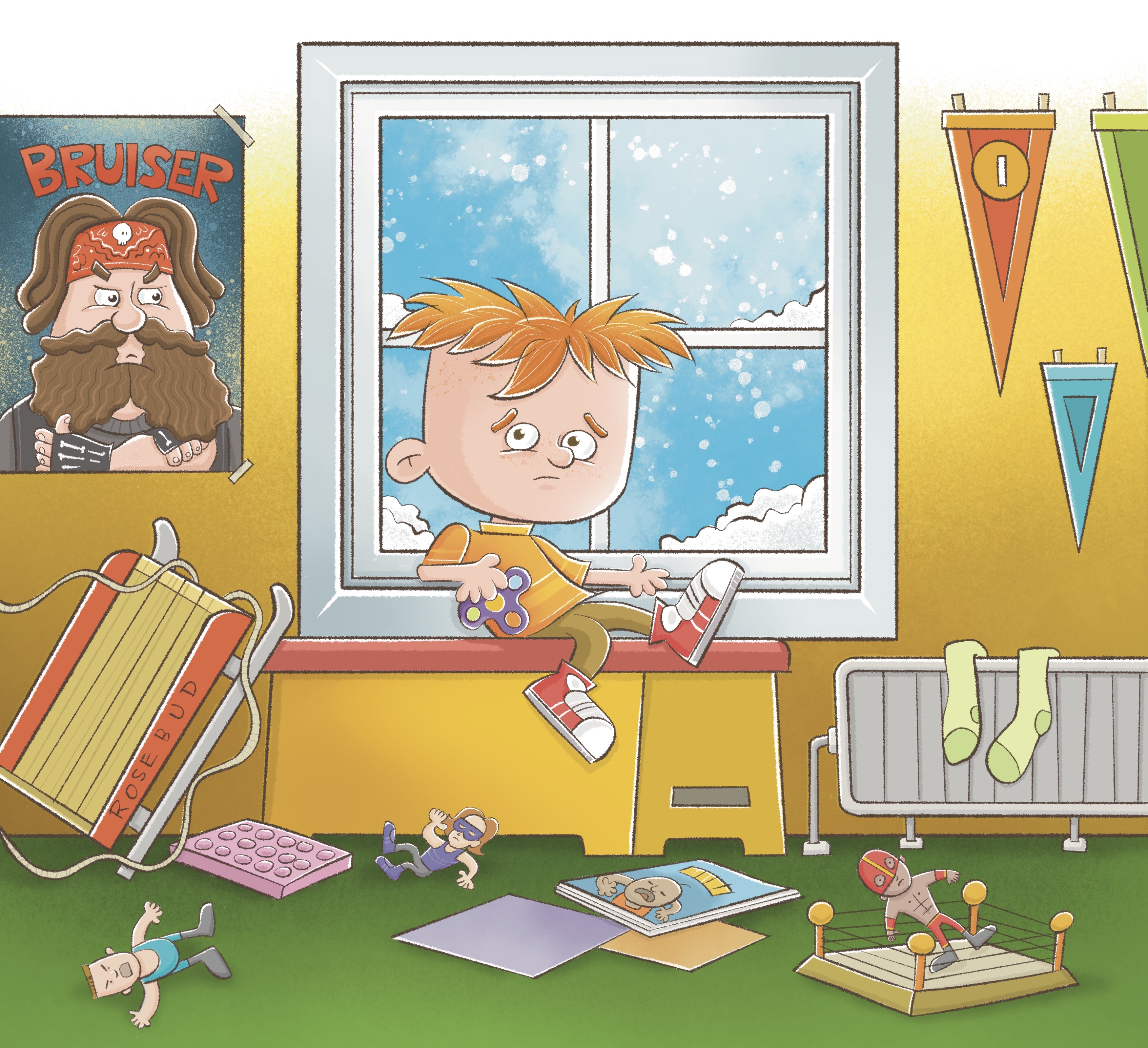 boy sitting in bedroom looking sad