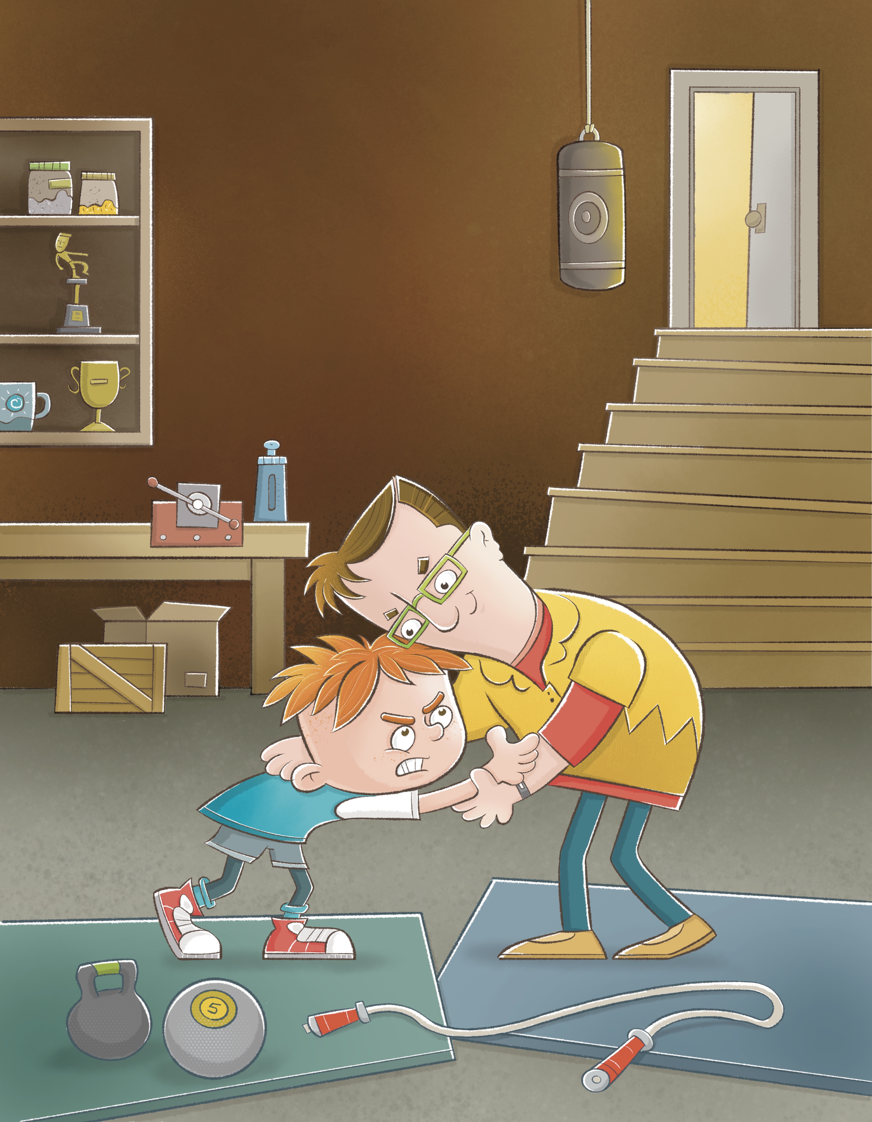 boy and his dad training wrestling in the basement