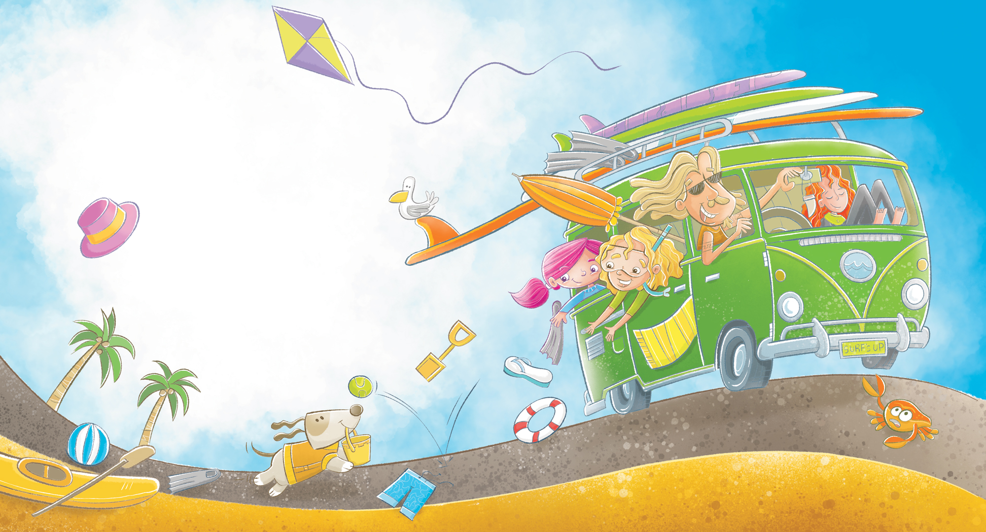 Surfing family heading for the beach in a classic panel van from 'Facing the Wave'