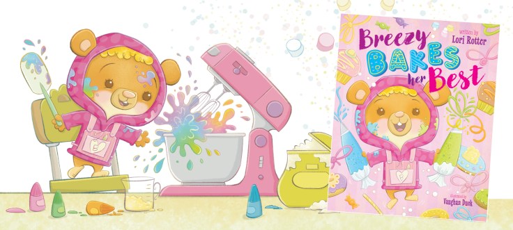 Picture Book cover, Breezy Bakes Her Best, A Bear in a Pink Hoodie Baking