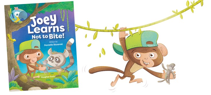 Picture Book Cover, Joey Learns Not to Bite, Monkey Swinging on Vine